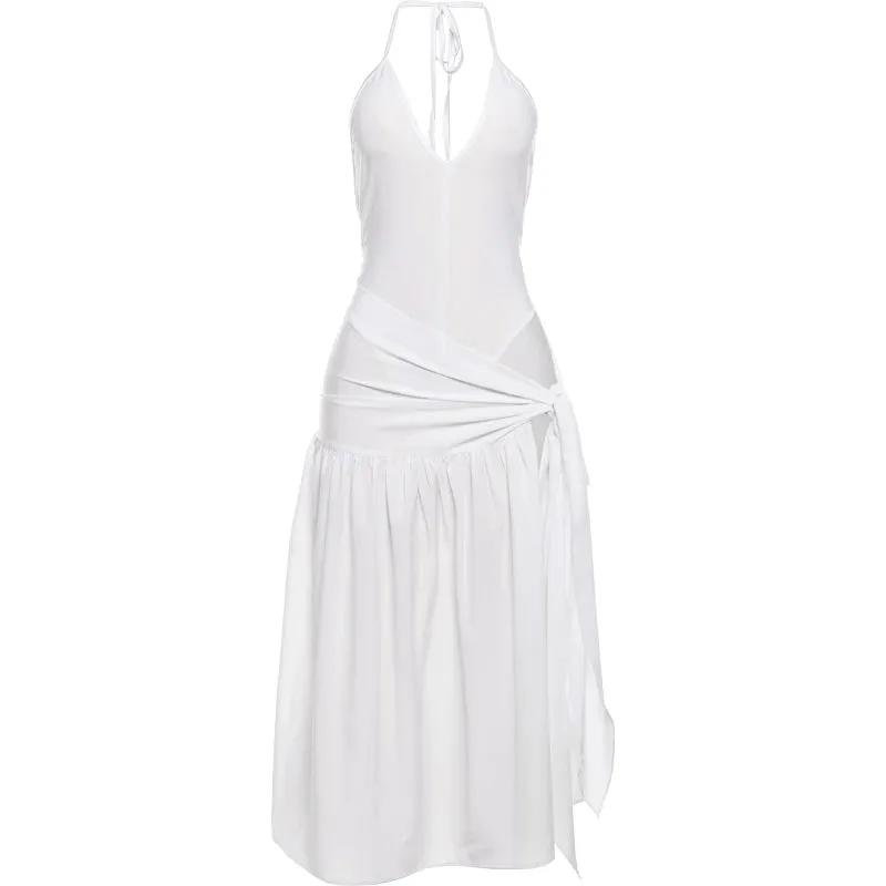 🔥 2-Piece Summer Clubwear Set – Halter Bodysuit & Wrapped Long Skirt