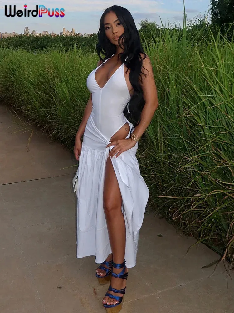 🔥 2-Piece Summer Clubwear Set – Halter Bodysuit & Wrapped Long Skirt