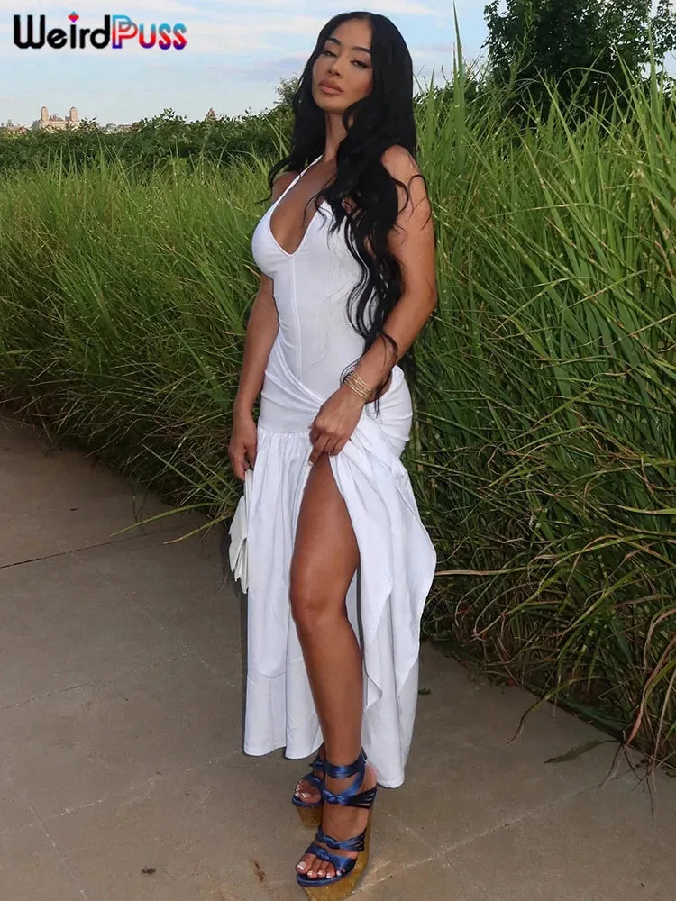 🔥 2-Piece Summer Clubwear Set – Halter Bodysuit & Wrapped Long Skirt