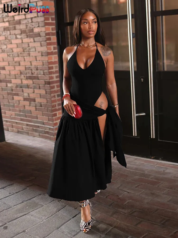 🔥 2-Piece Summer Clubwear Set – Halter Bodysuit & Wrapped Long Skirt