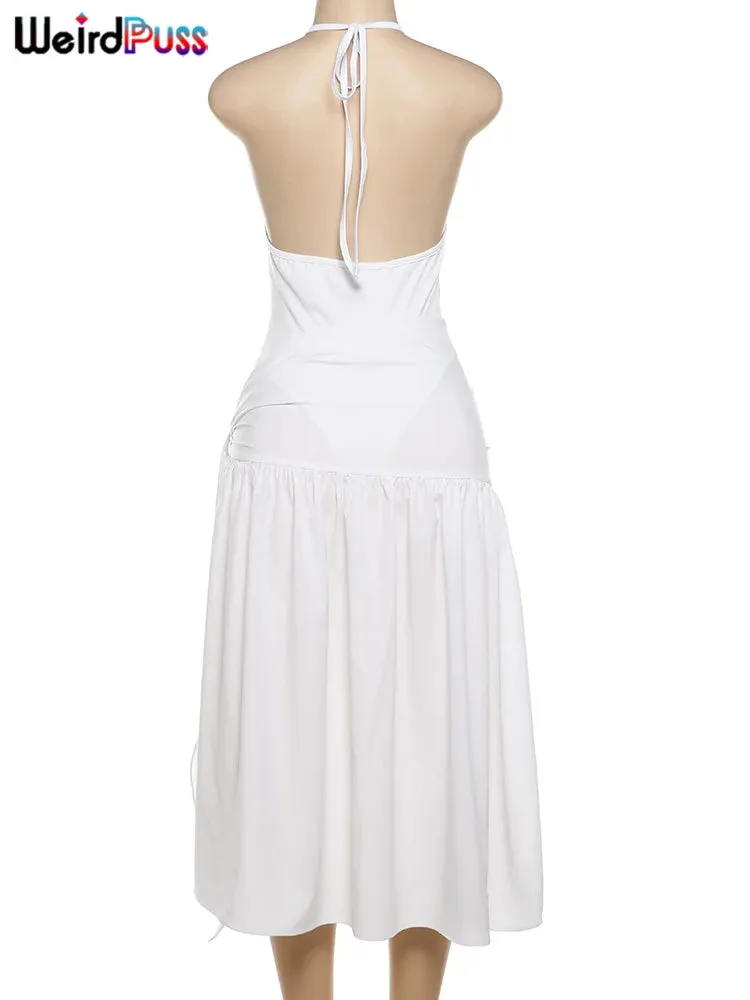 🔥 2-Piece Summer Clubwear Set – Halter Bodysuit & Wrapped Long Skirt