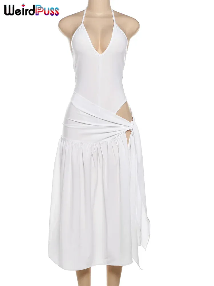 🔥 2-Piece Summer Clubwear Set – Halter Bodysuit & Wrapped Long Skirt
