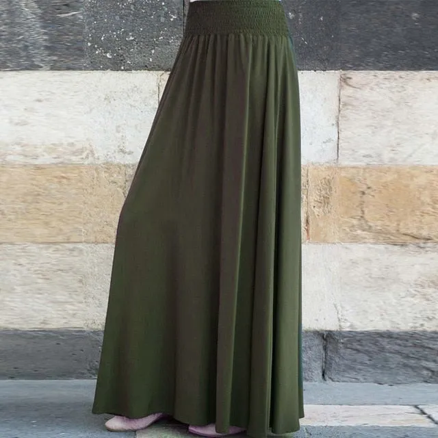 2019 Women Long Maxi Pleated Skirt High Waist Elascity Casual Party Skirt Solid Color plus size Loose long skirts for women #626