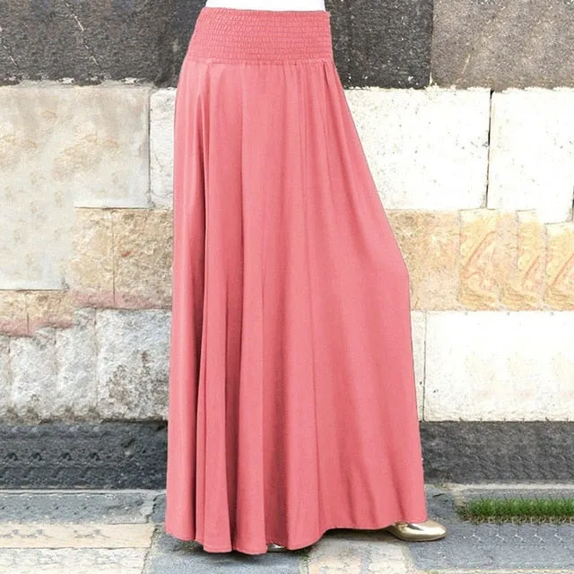 2019 Women Long Maxi Pleated Skirt High Waist Elascity Casual Party Skirt Solid Color plus size Loose long skirts for women #626