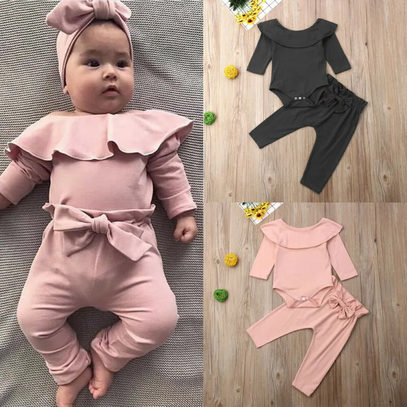 2Pcs Baby Girls Ruffle Bodysuit Romper Tops Pants Winter Outfits