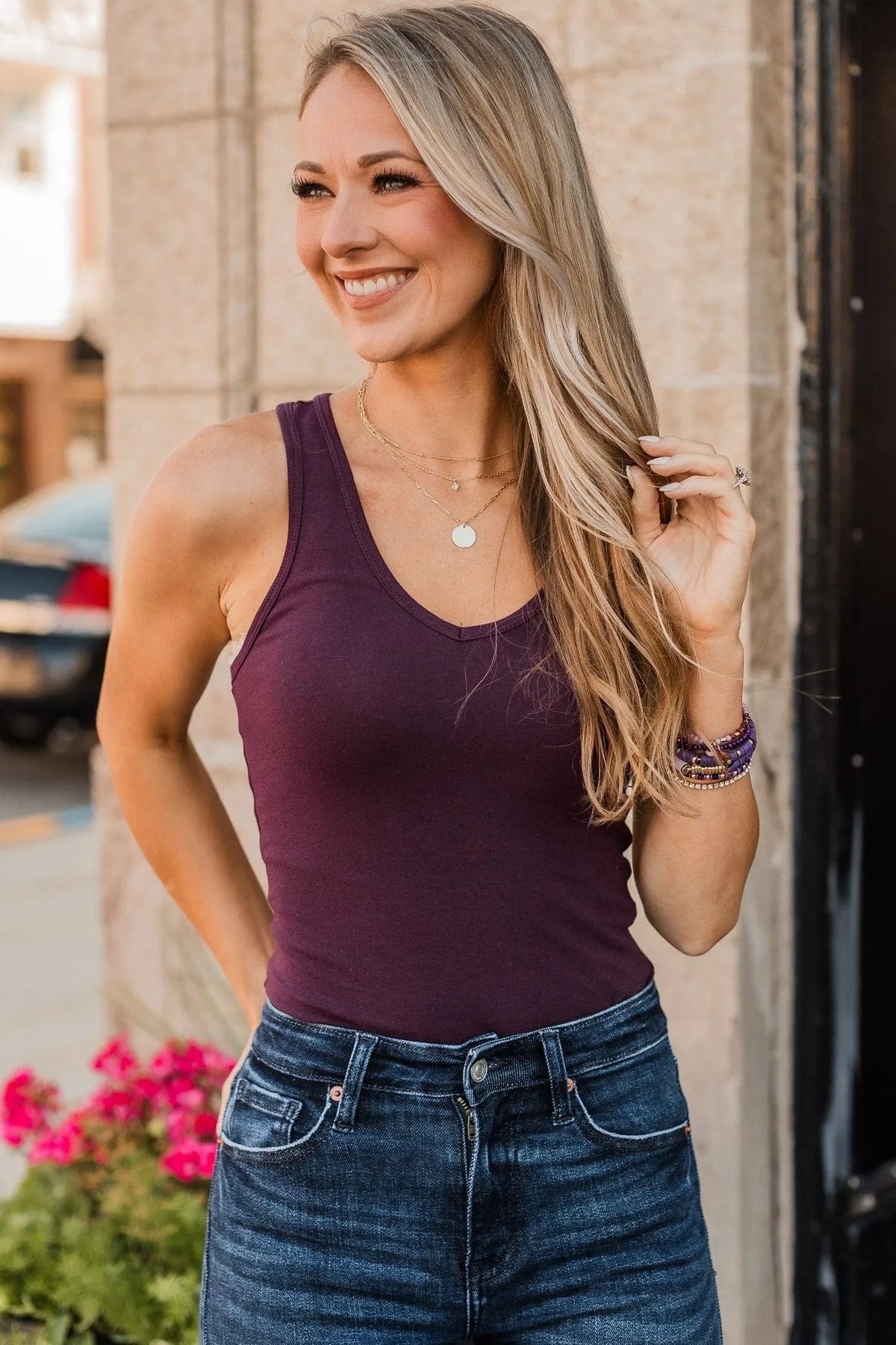 A Moment's Notice V-Neck Bodysuit- Eggplant