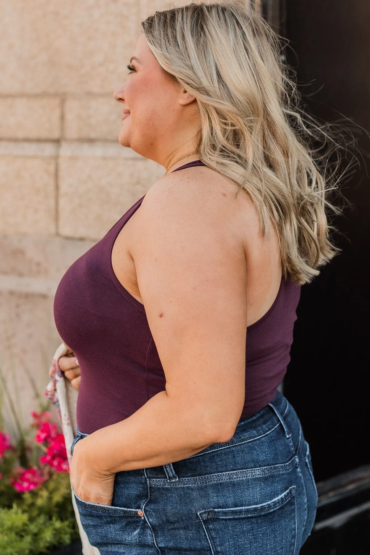 A Moment's Notice V-Neck Bodysuit- Eggplant