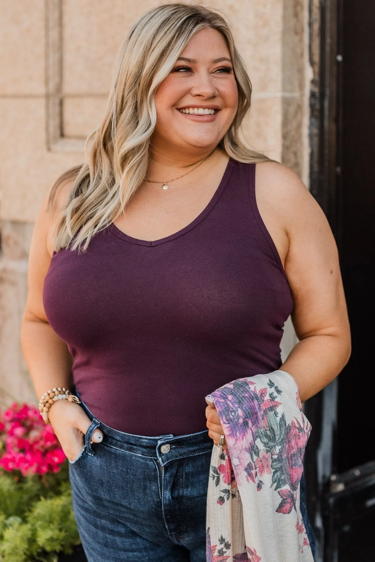 A Moment's Notice V-Neck Bodysuit- Eggplant