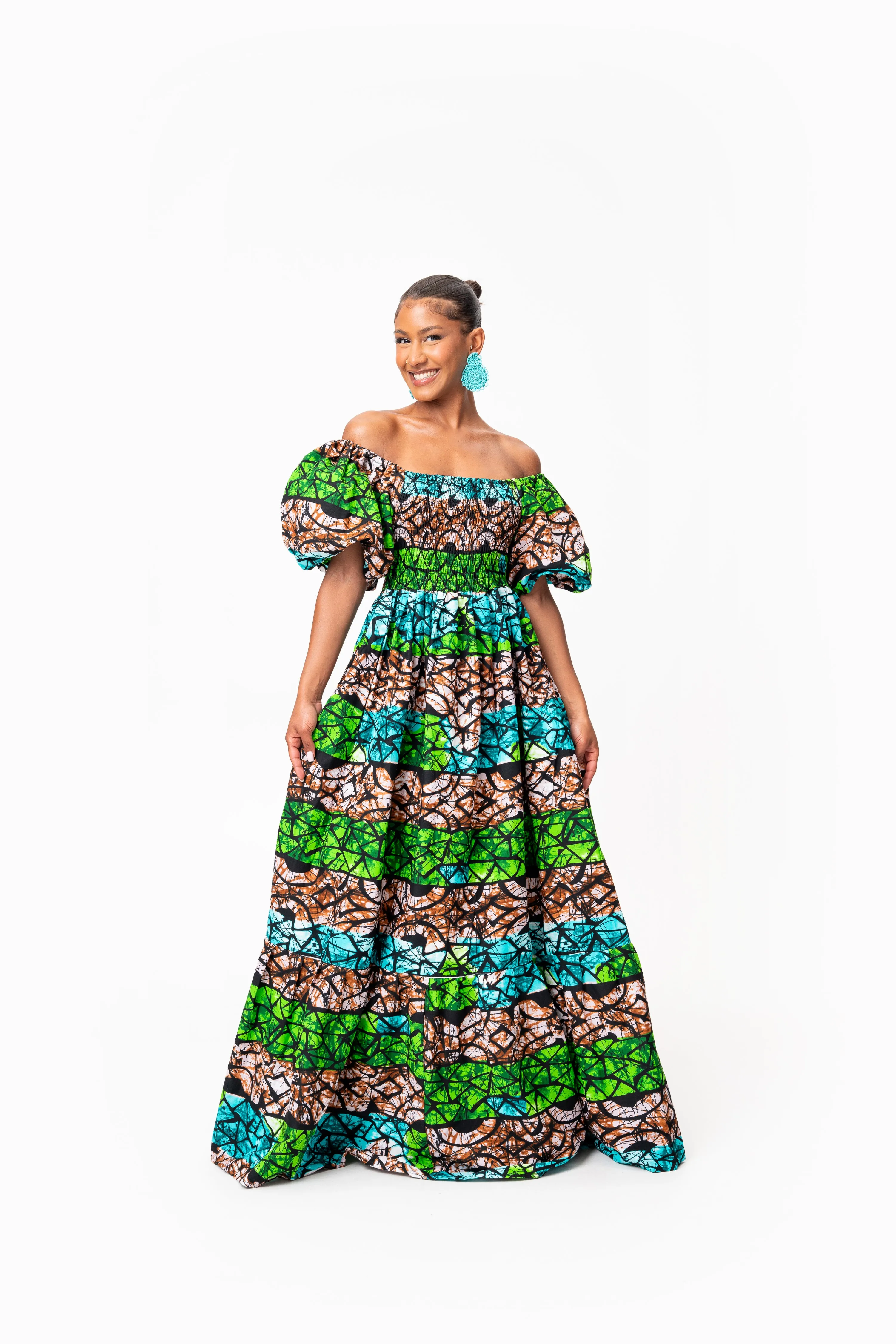 ADA Smocked Puffy Sleeve African print maxi dress