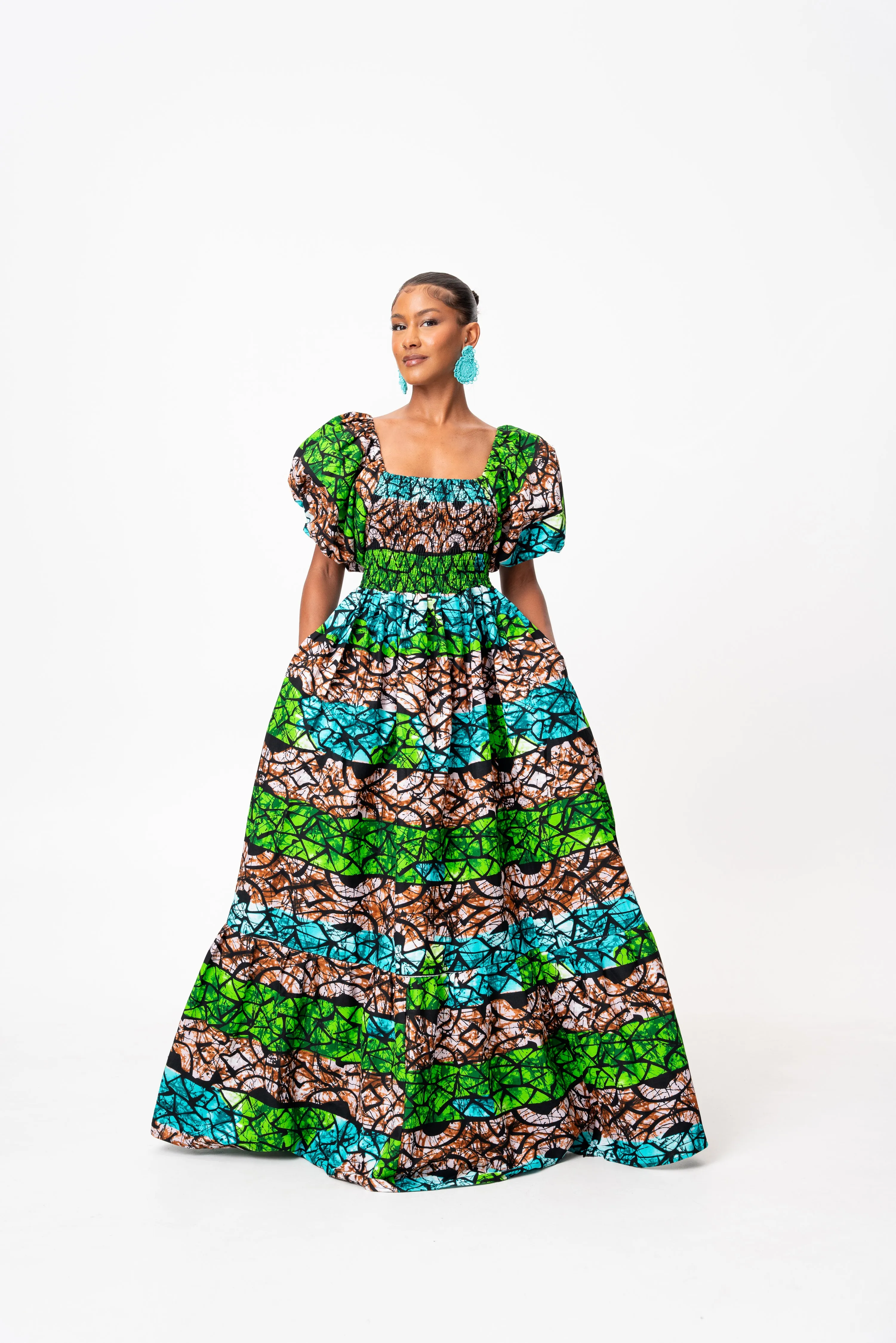 ADA Smocked Puffy Sleeve African print maxi dress