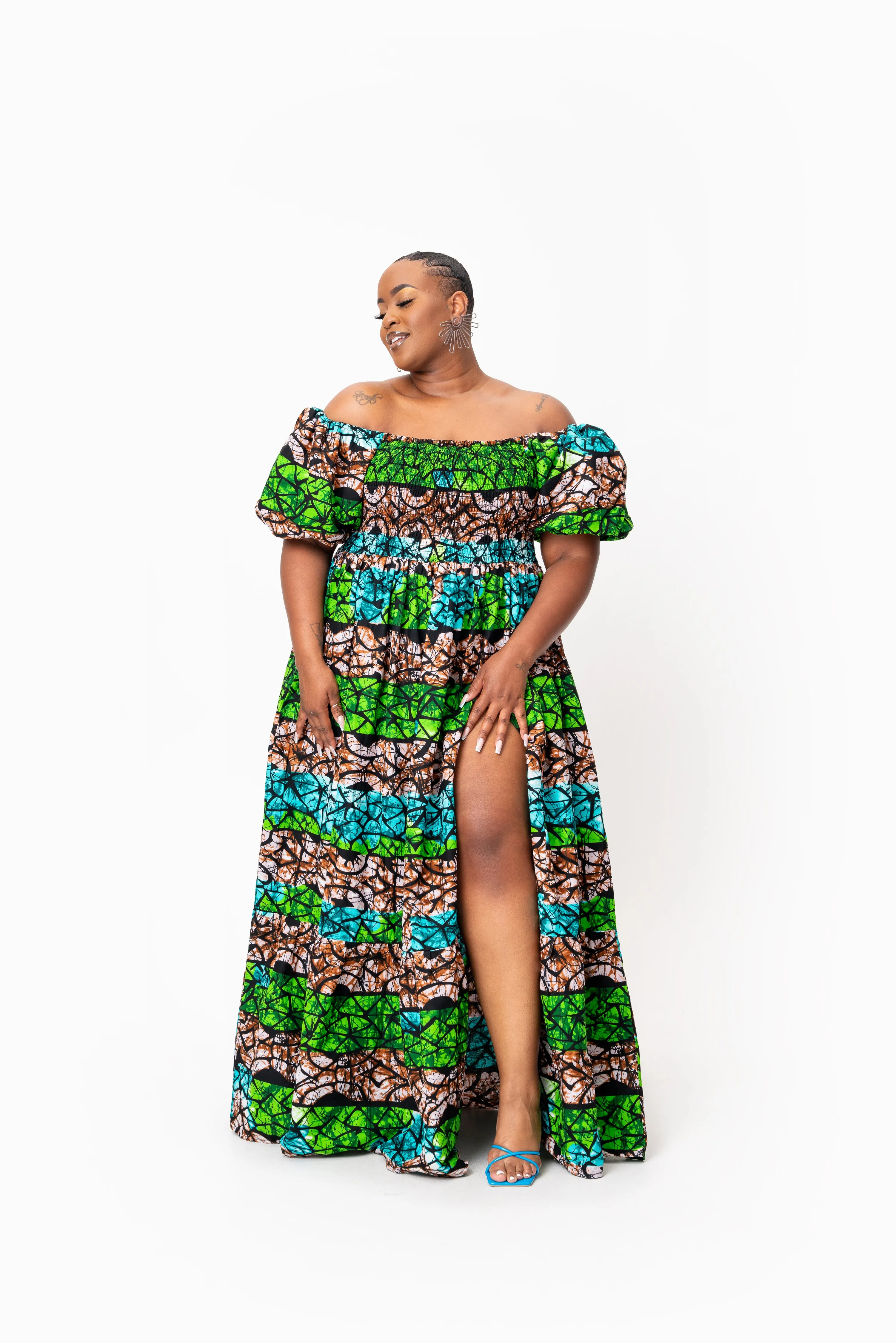 ADA Smocked Puffy Sleeve African print maxi dress