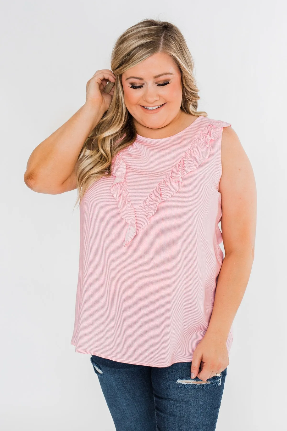 All Eyes On Me Striped Ruffle Tank Top- Pink