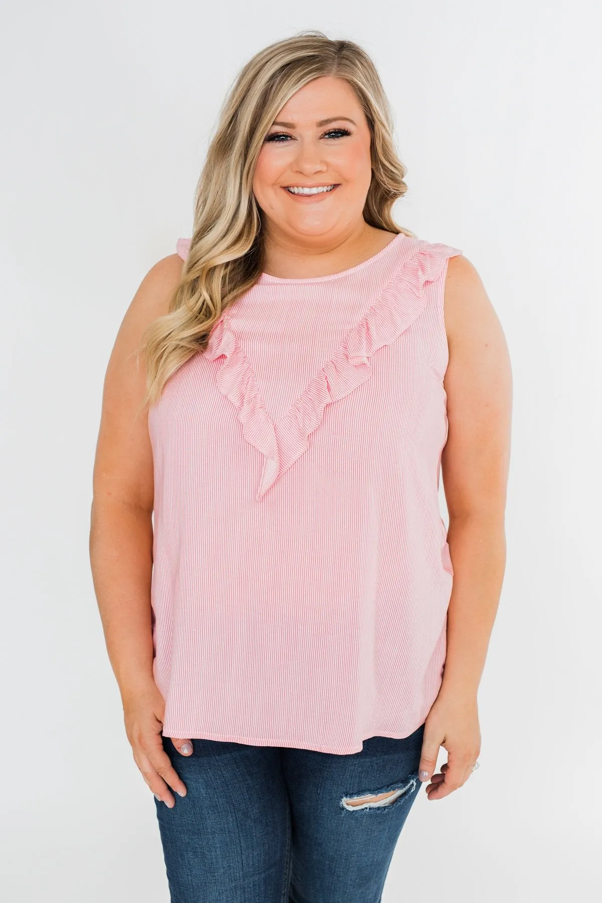 All Eyes On Me Striped Ruffle Tank Top- Pink