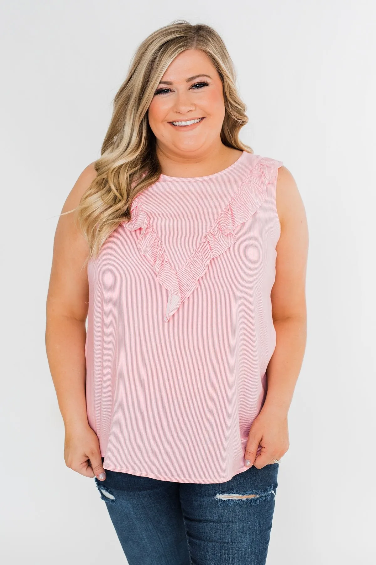 All Eyes On Me Striped Ruffle Tank Top- Pink