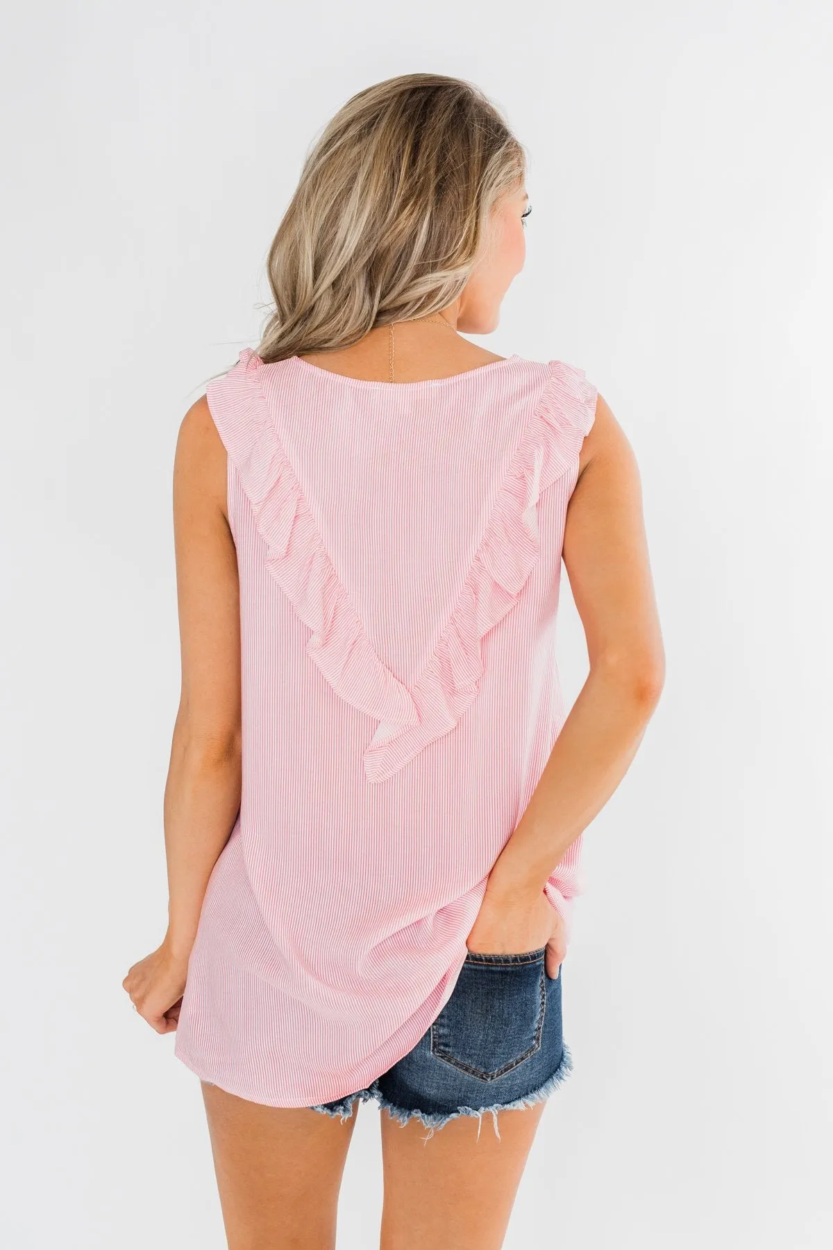 All Eyes On Me Striped Ruffle Tank Top- Pink