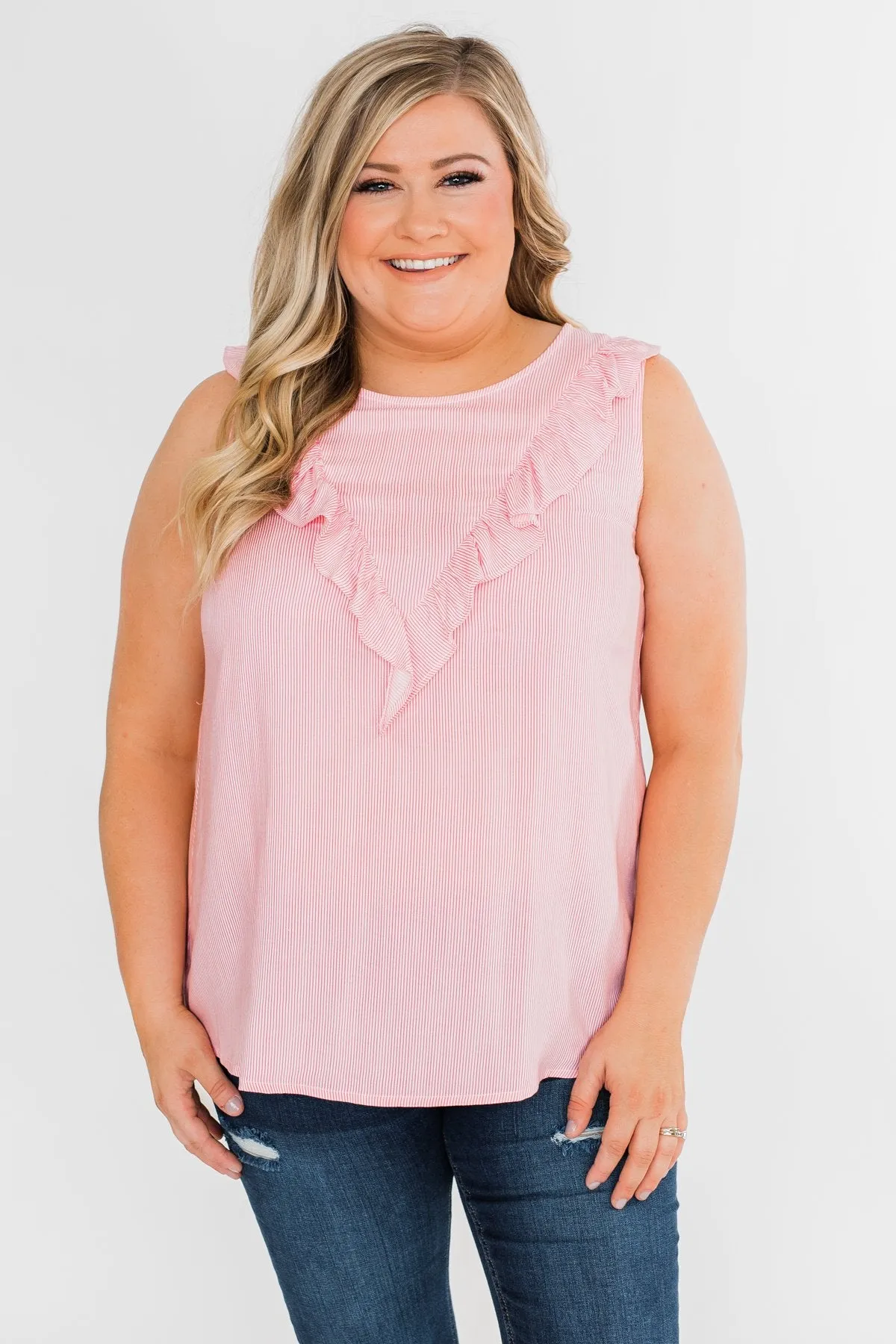 All Eyes On Me Striped Ruffle Tank Top- Pink