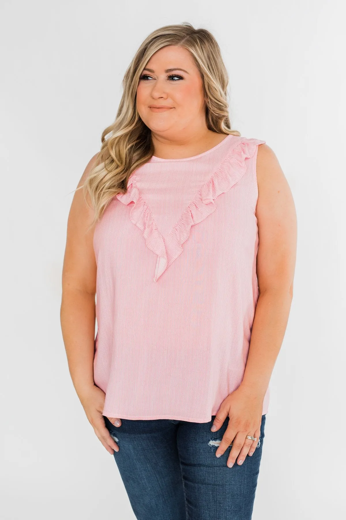 All Eyes On Me Striped Ruffle Tank Top- Pink