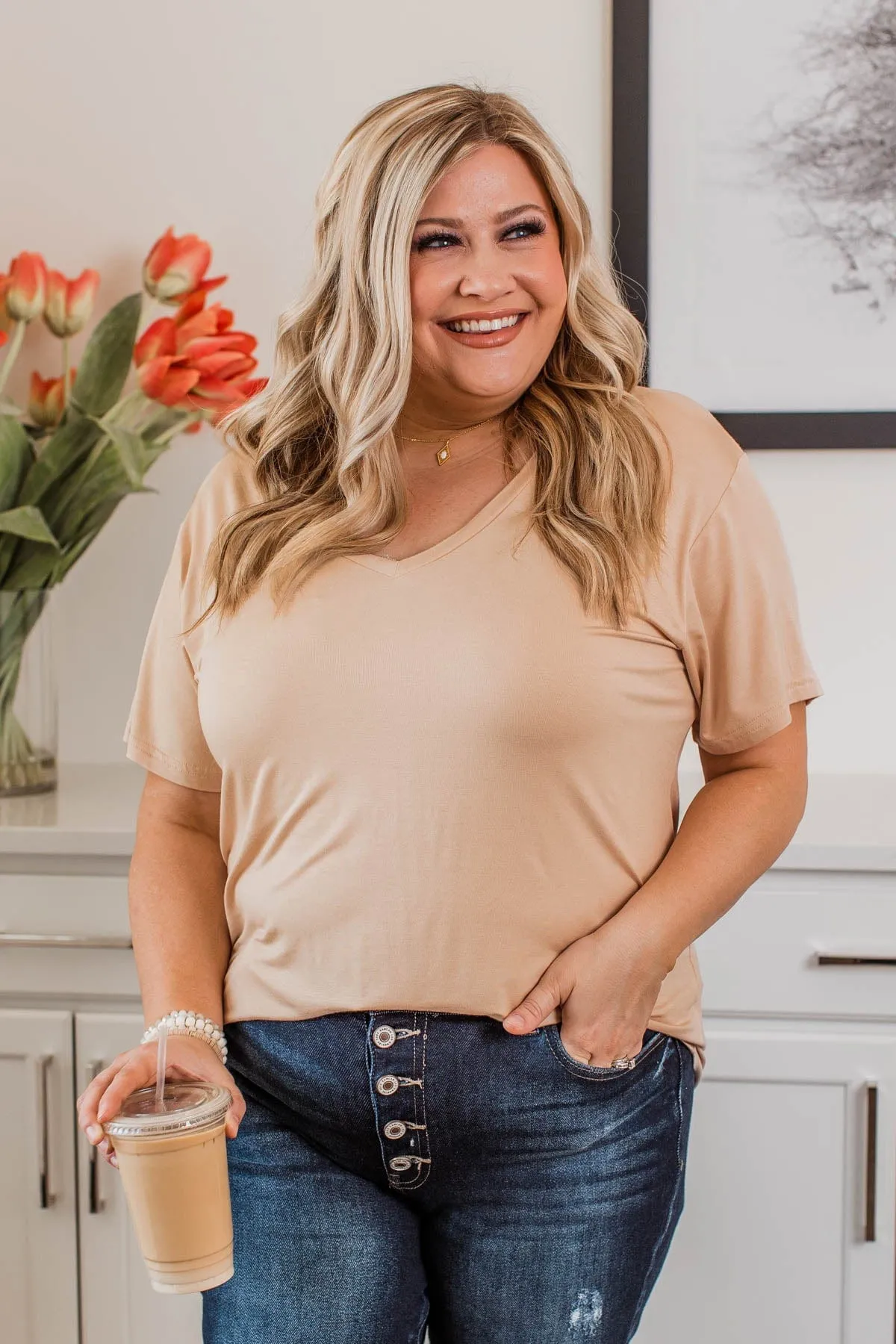 Always Essential V-Neck Top- Tan