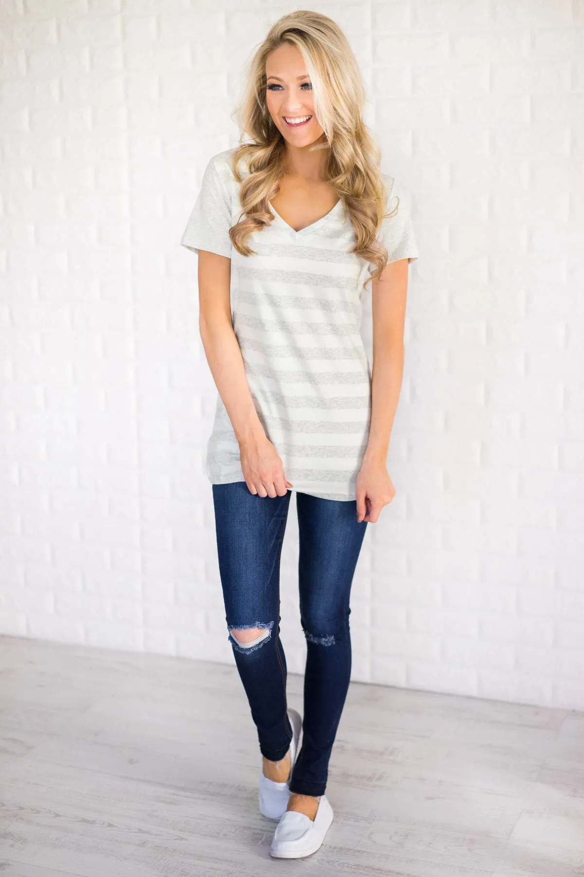 Ampersand Striped V-Neck Tee - Heather Grey
