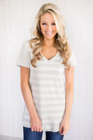 Ampersand Striped V-Neck Tee - Heather Grey