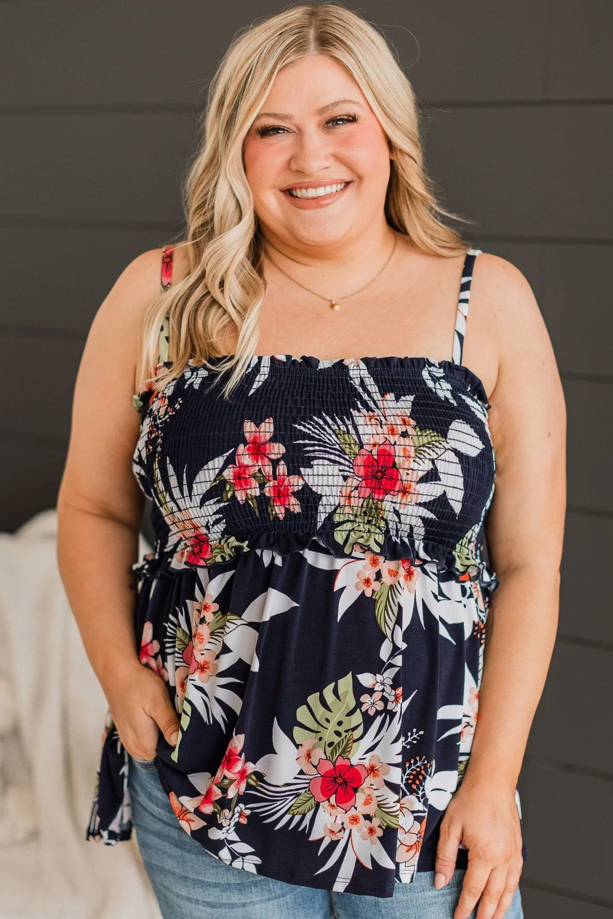 Awaken My Love Floral Tank Top- Navy