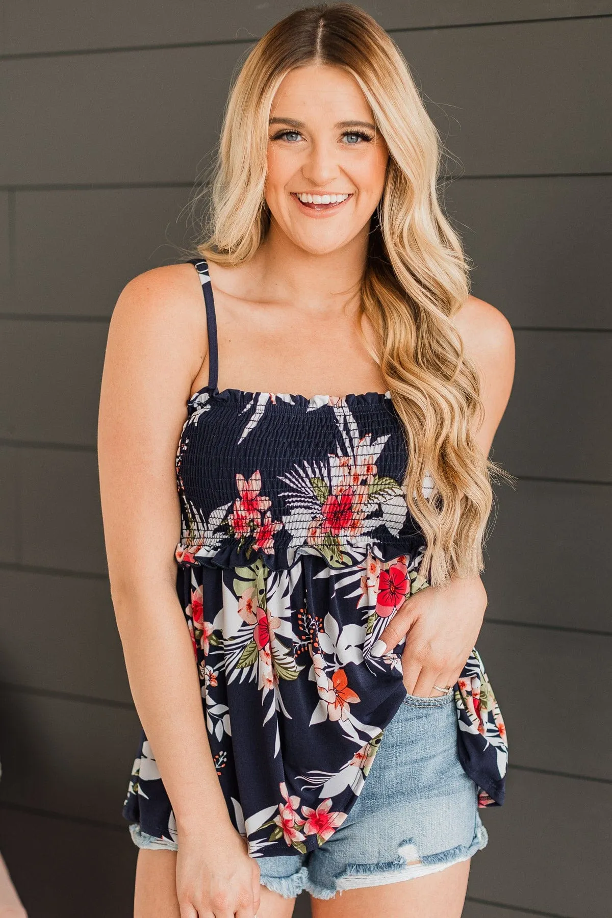 Awaken My Love Floral Tank Top- Navy