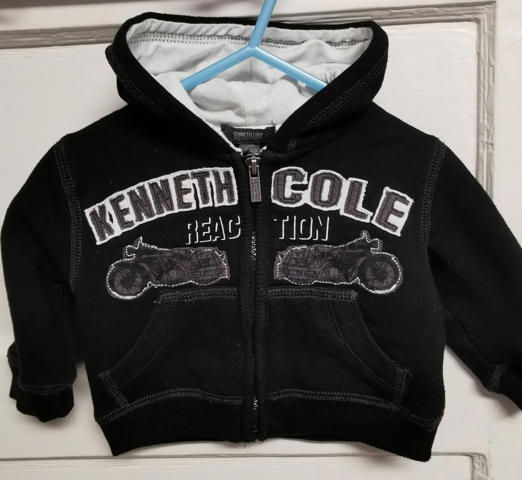 BABY BOY SIZE 6/9 MONTHS - KENNETH COLE, Motorcycle Graphic Zippered Hoodie, Thick / Warm EUC B30