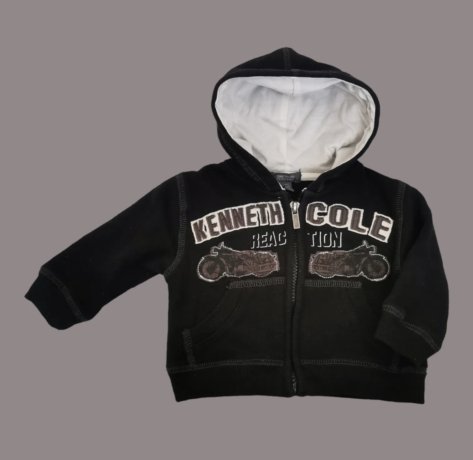 BABY BOY SIZE 6/9 MONTHS - KENNETH COLE, Motorcycle Graphic Zippered Hoodie, Thick / Warm EUC B30