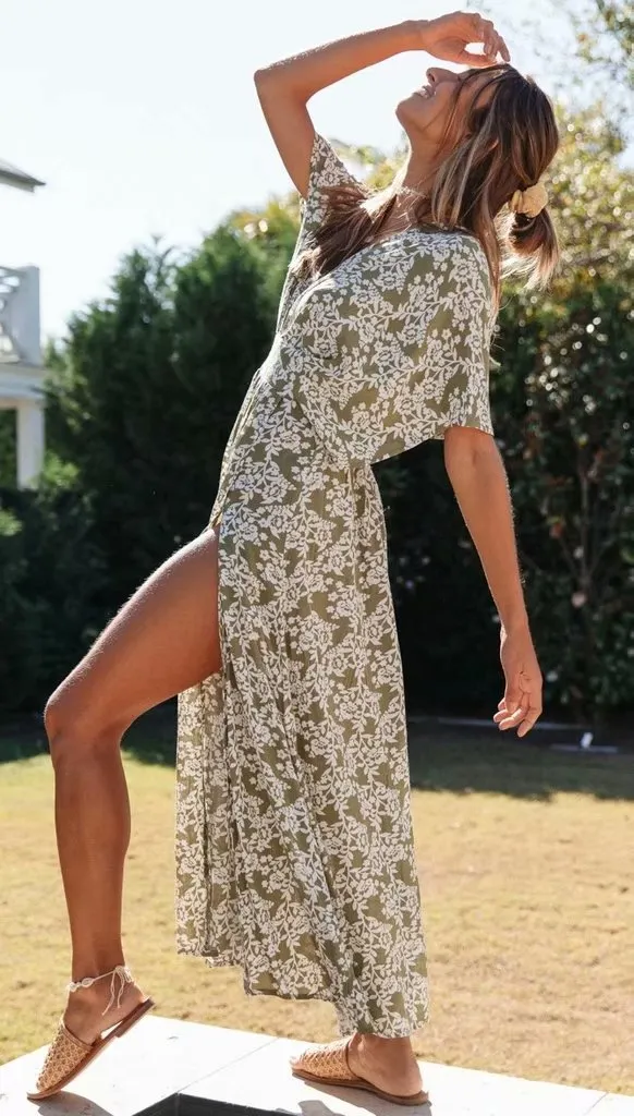 Batwing Sleeve V-neck Split Floral Maxi Dresses