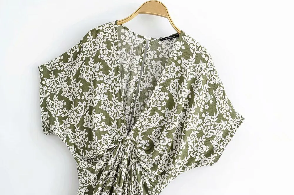 Batwing Sleeve V-neck Split Floral Maxi Dresses