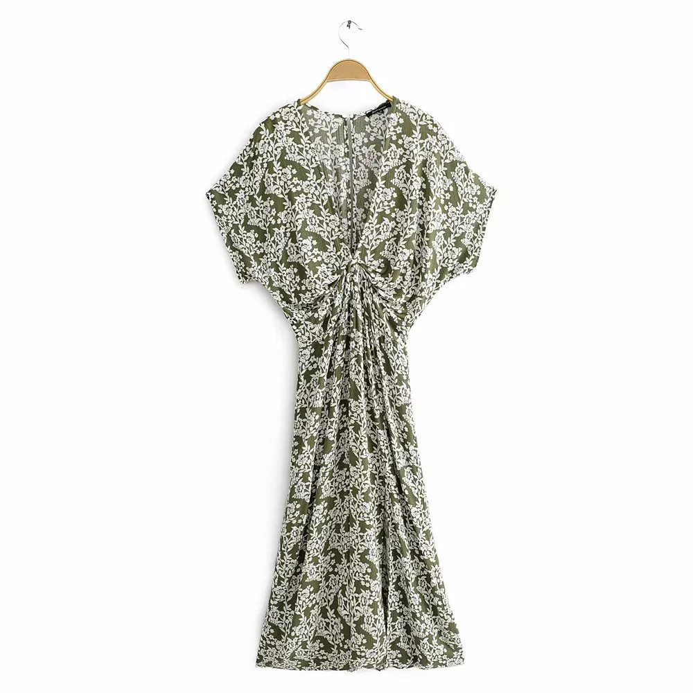 Batwing Sleeve V-neck Split Floral Maxi Dresses