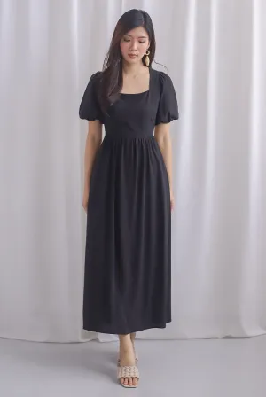 Bayleigh Puffy Sleeve Square Neckline Tie Back Dress In Black