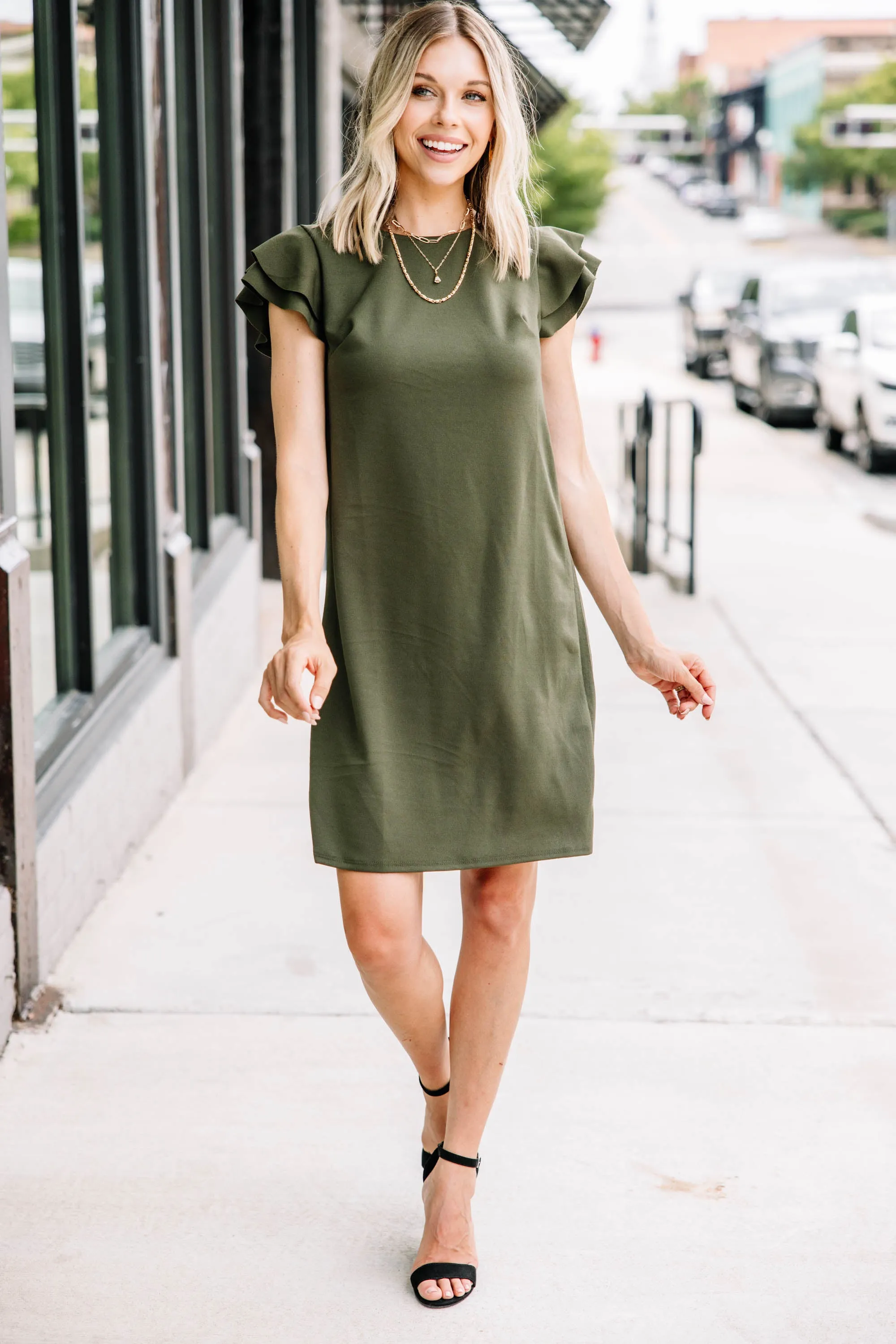 Beauty Bound Olive Green Ruffled Sleeve Dress