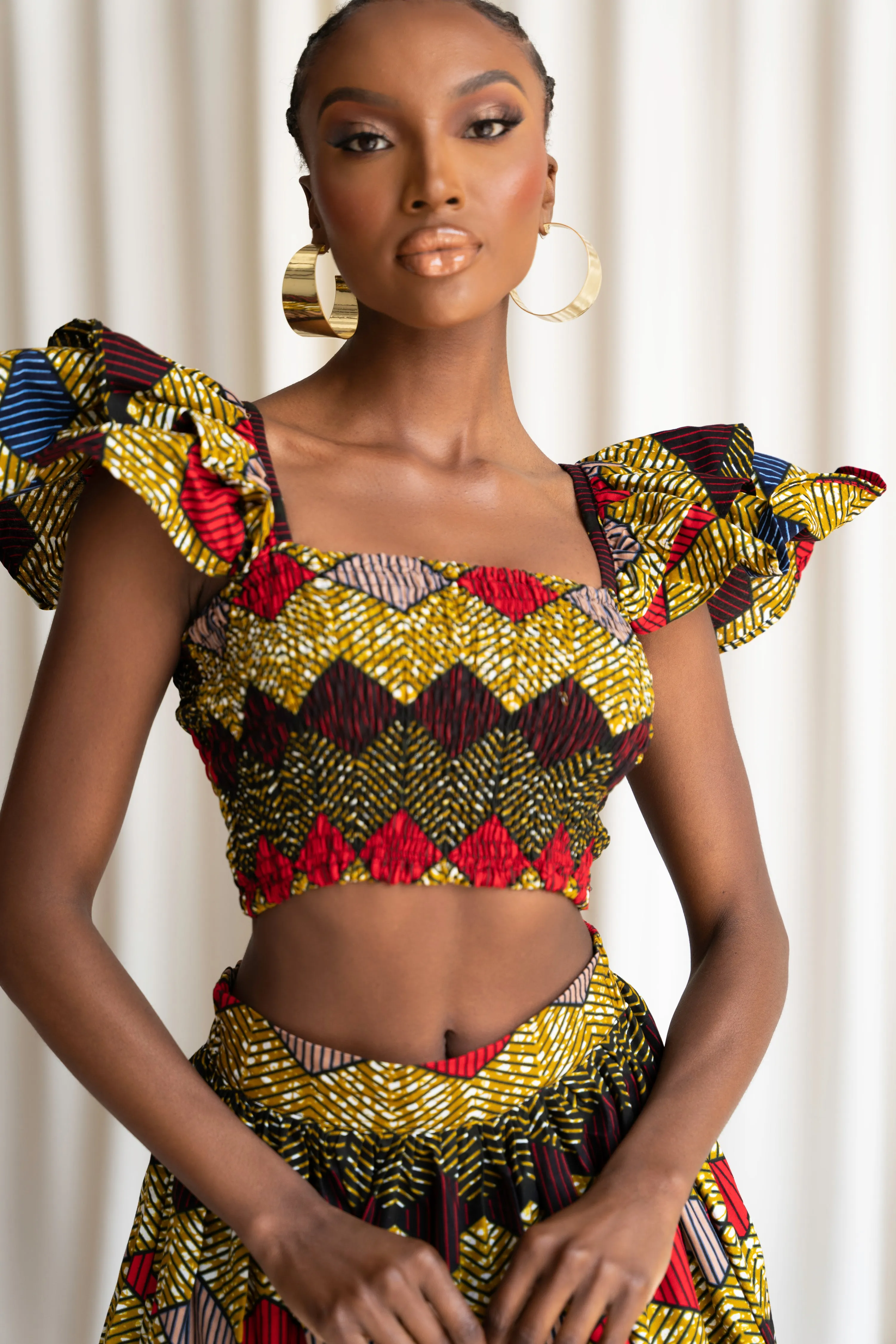 BELLO African Print Ruffle Sleeve Crop Top