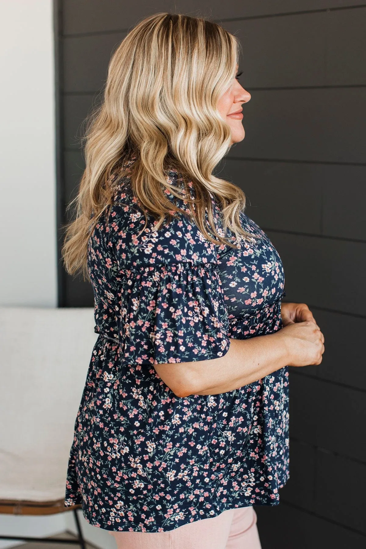 Best Of Them All Floral Babydoll Top- Navy