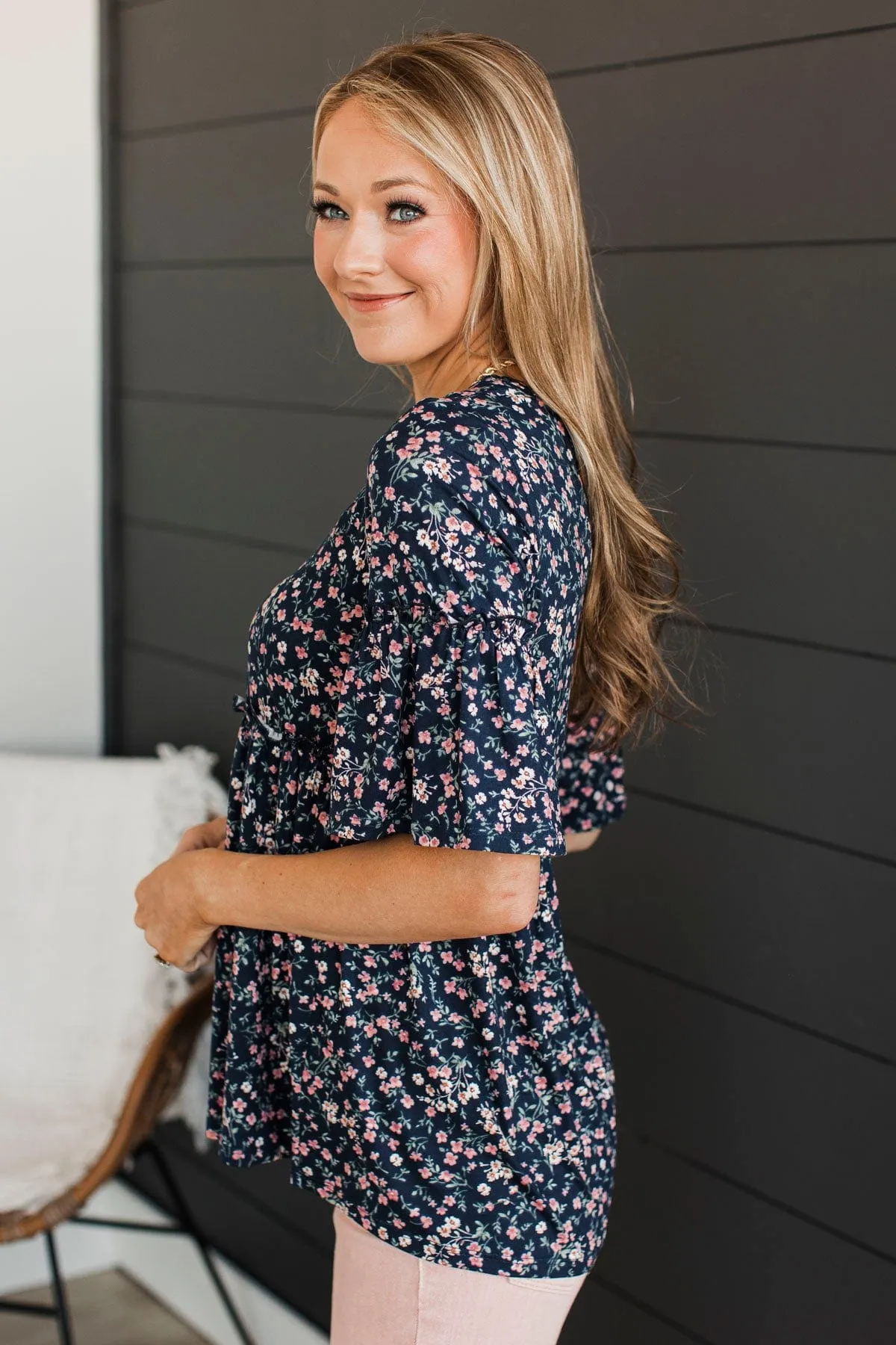 Best Of Them All Floral Babydoll Top- Navy
