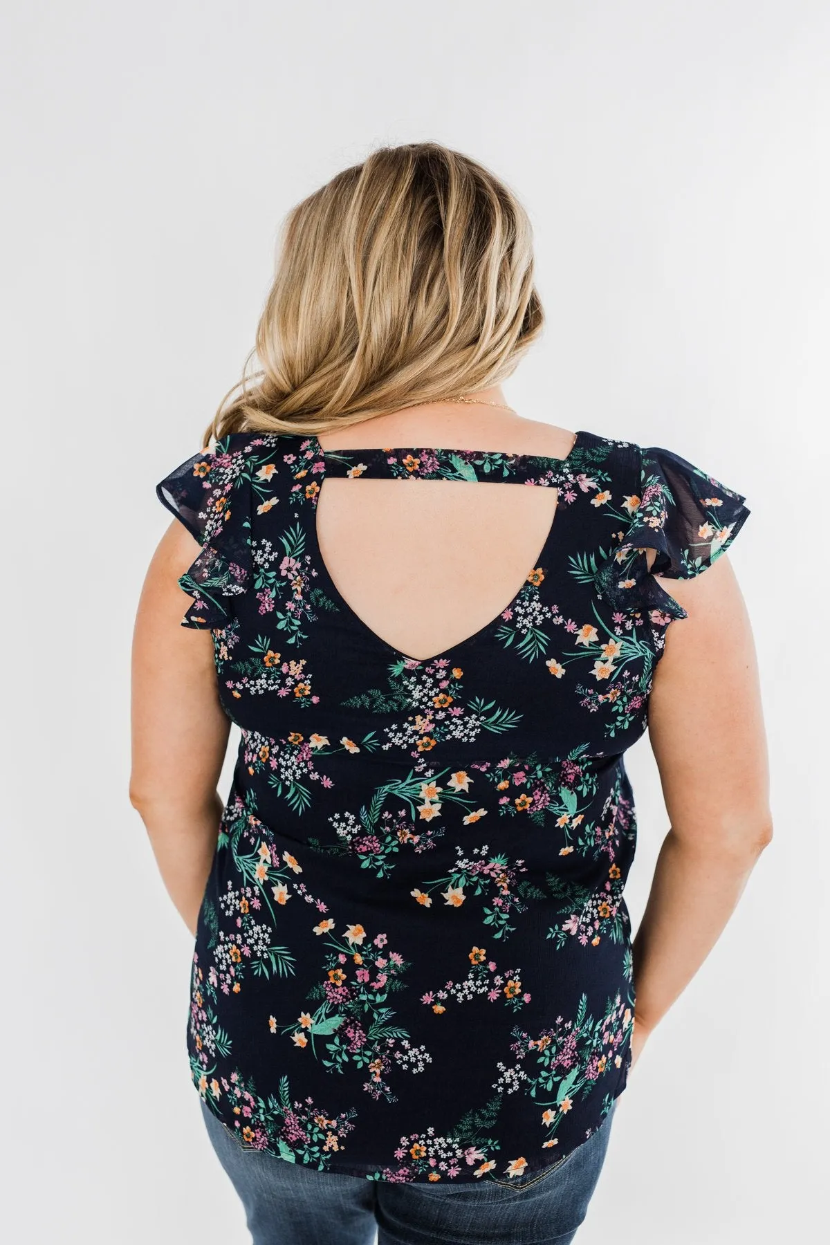 Better Than Before Floral Ruffle Blouse- Navy