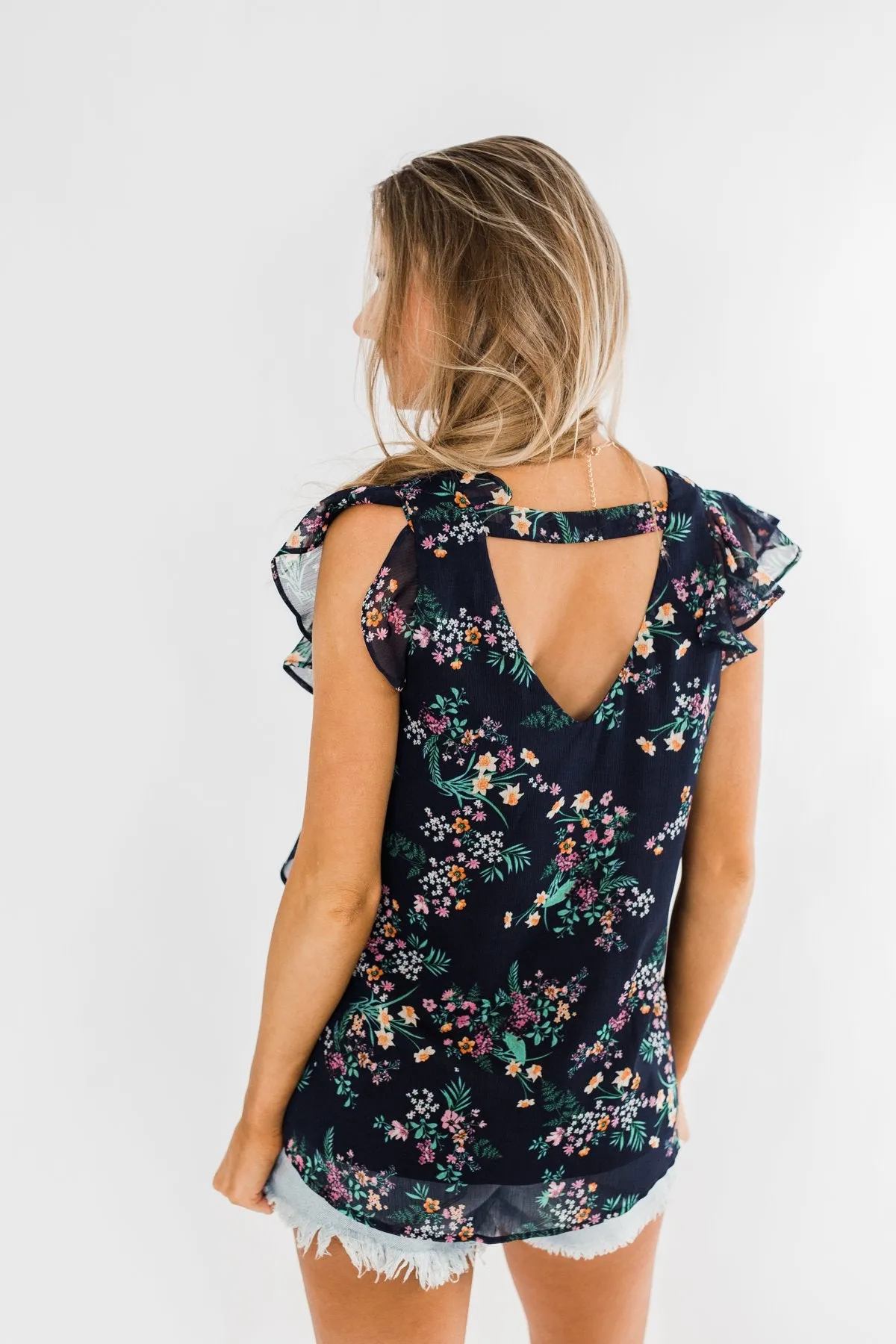 Better Than Before Floral Ruffle Blouse- Navy