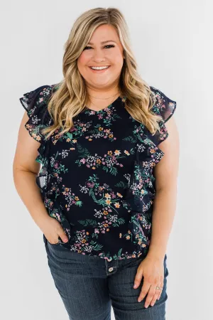 Better Than Before Floral Ruffle Blouse- Navy