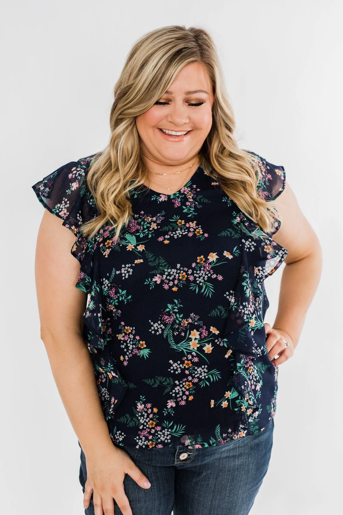 Better Than Before Floral Ruffle Blouse- Navy