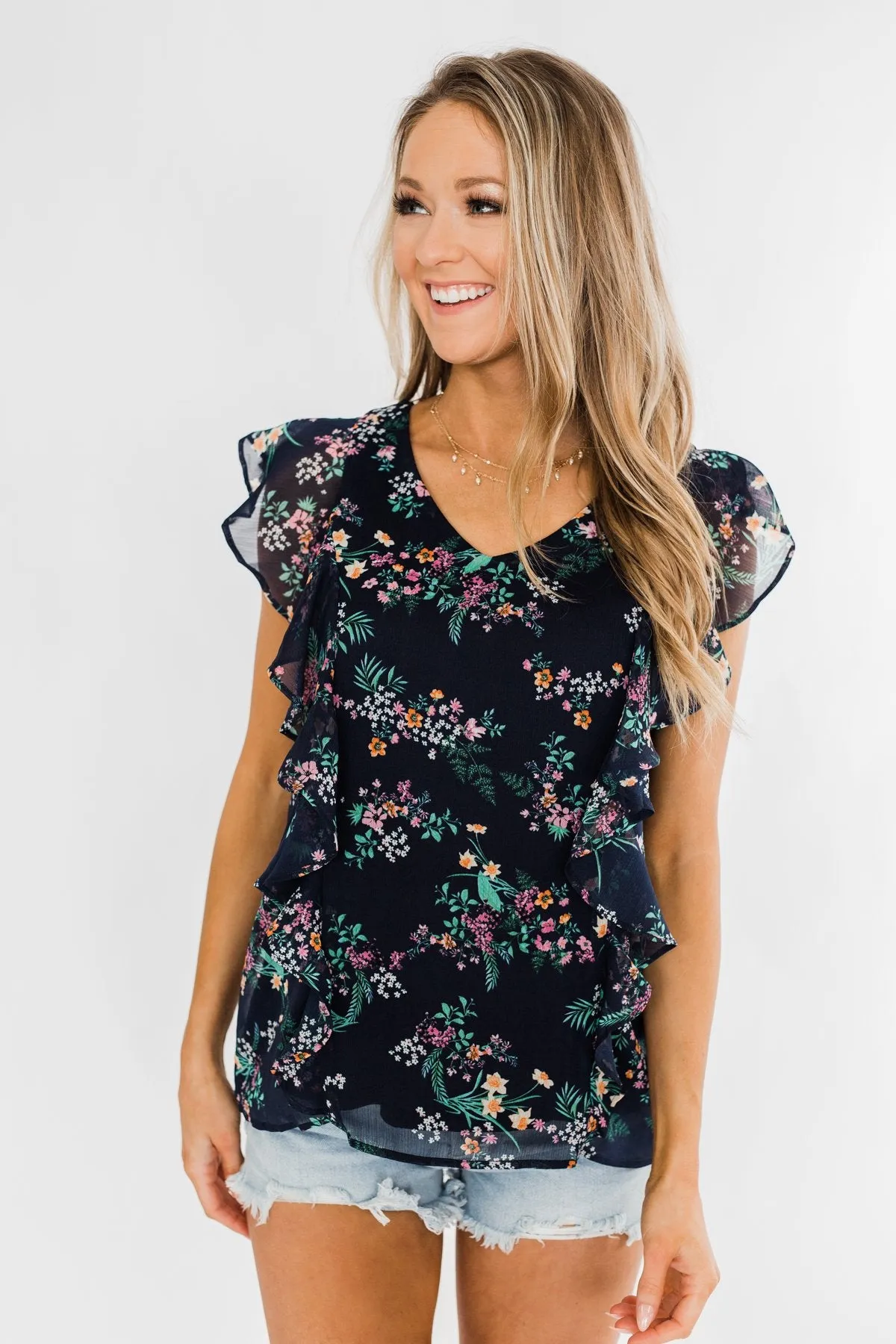Better Than Before Floral Ruffle Blouse- Navy