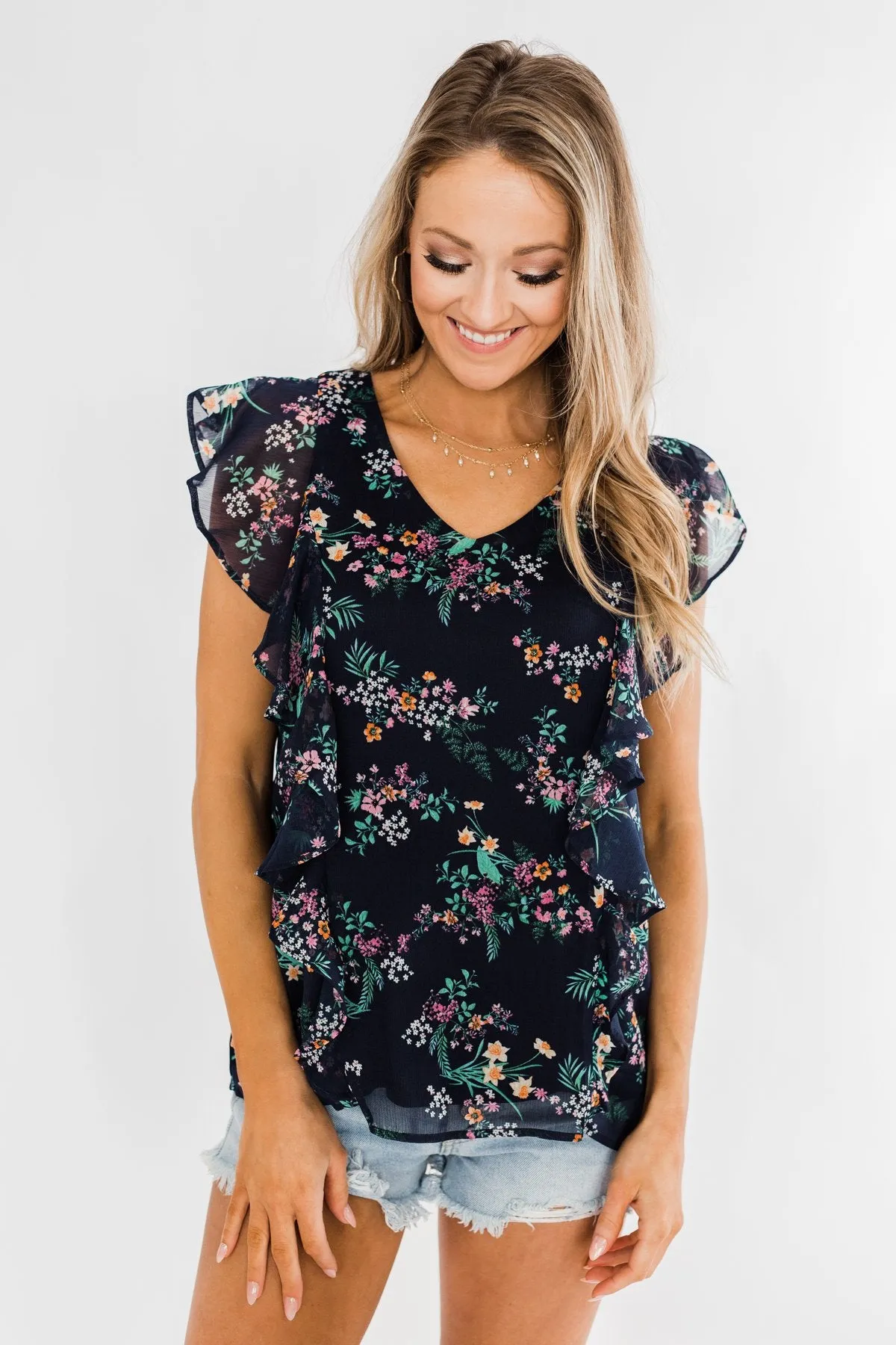 Better Than Before Floral Ruffle Blouse- Navy