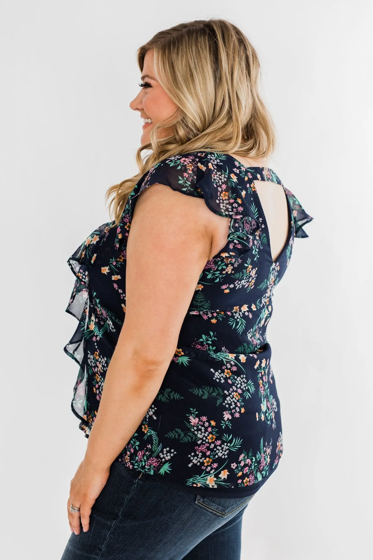 Better Than Before Floral Ruffle Blouse- Navy