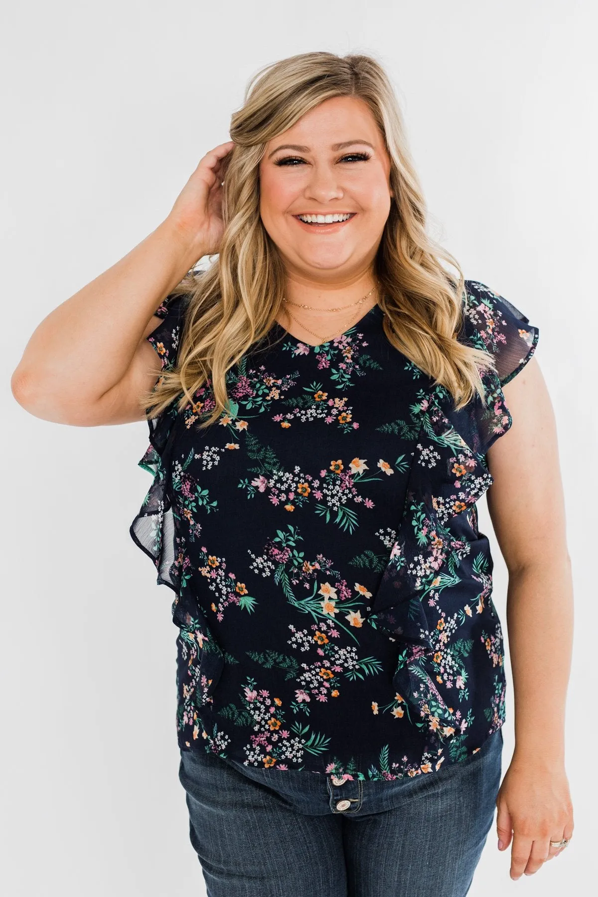 Better Than Before Floral Ruffle Blouse- Navy