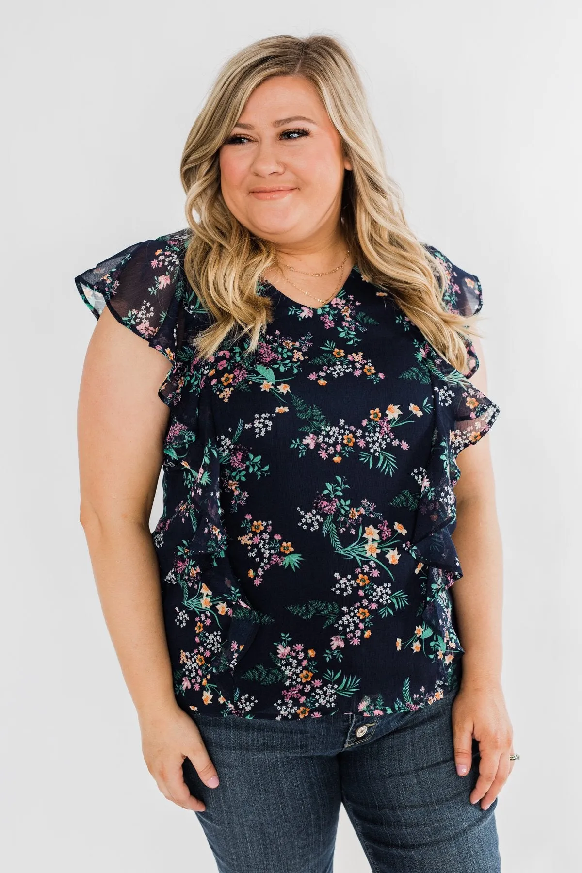 Better Than Before Floral Ruffle Blouse- Navy