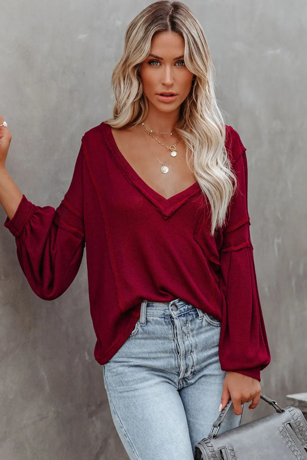 Biking Red V Neck Puff Sleeve Lightweight Knit Sweater