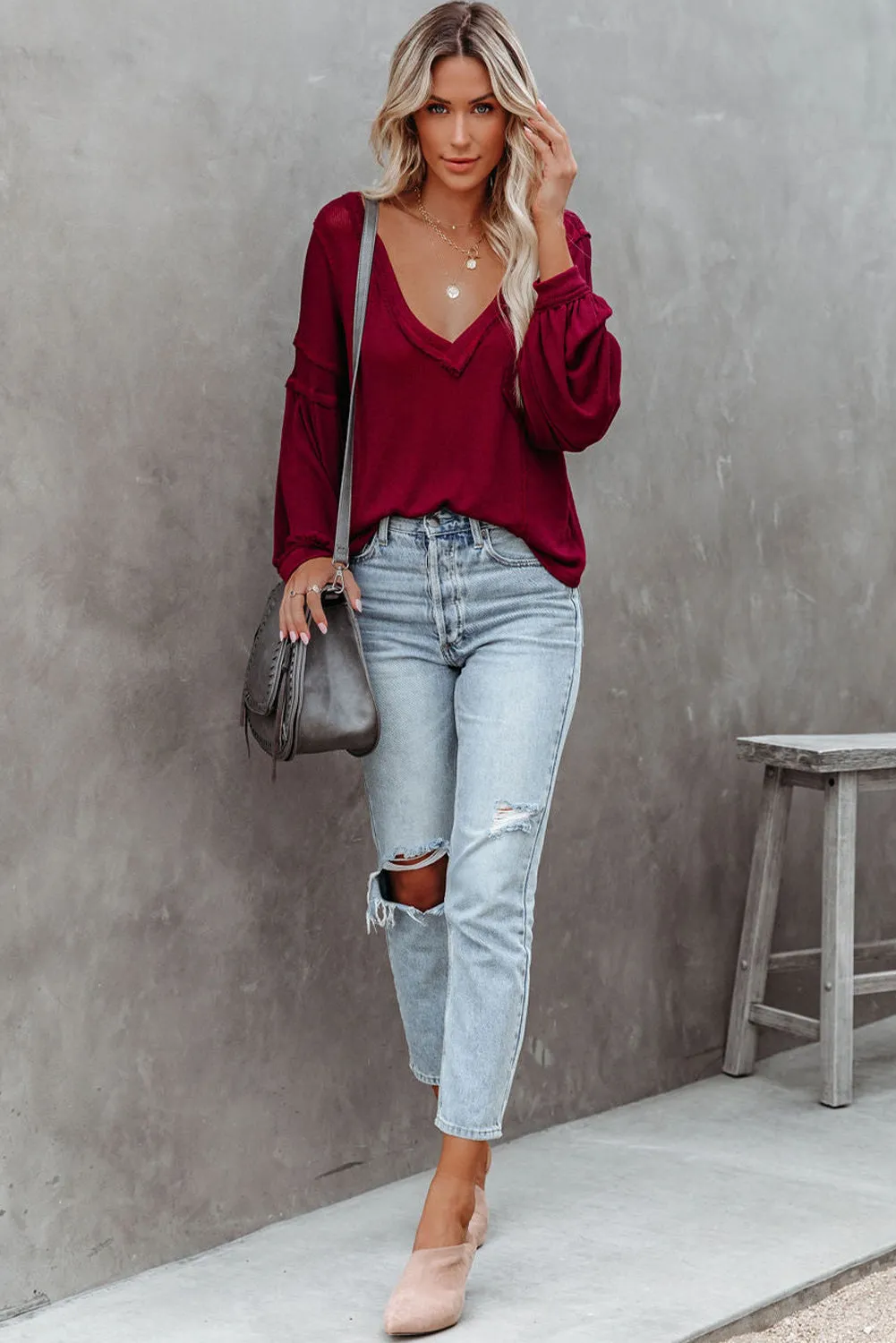 Biking Red V Neck Puff Sleeve Lightweight Knit Sweater