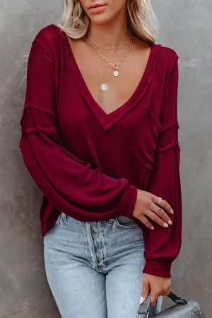 Biking Red V Neck Puff Sleeve Lightweight Knit Sweater