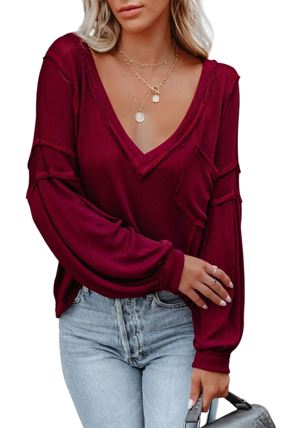 Biking Red V Neck Puff Sleeve Lightweight Knit Sweater
