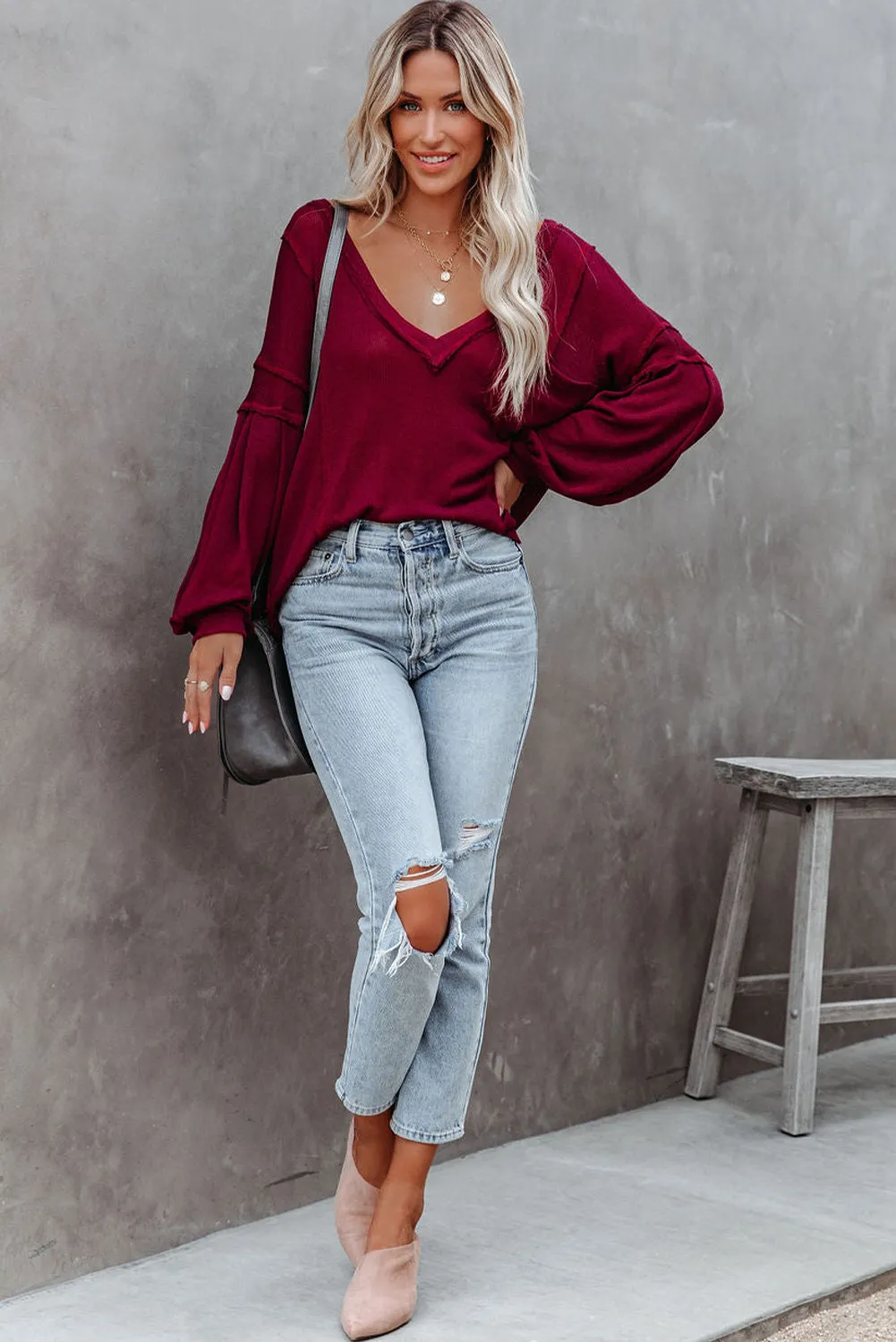 Biking Red V Neck Puff Sleeve Lightweight Knit Sweater
